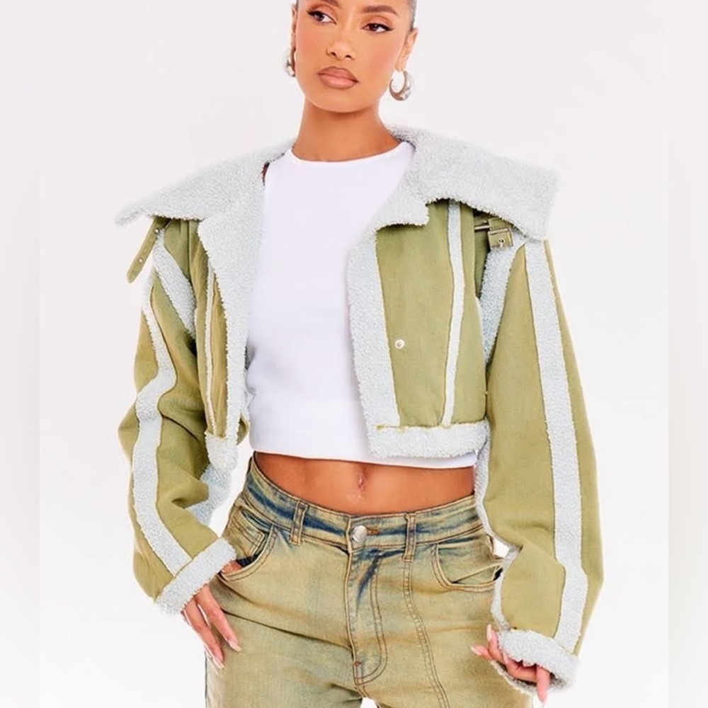 PrettyLittleThing Washed Khaki Borg Cropped Jacket Green Cream Teddy Coat 4